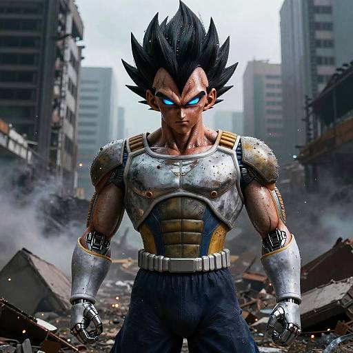 Digital artwork of muscular, black-haired, blue-eyed warrior with spiked hair, wearing metallic armor and dark pants, standing in a ruined, smoky city