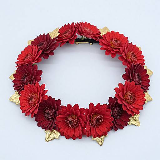 Photograph of a circular floral necklace featuring vibrant red and dark red gerbera daisies, adorned with gold leaf accents.