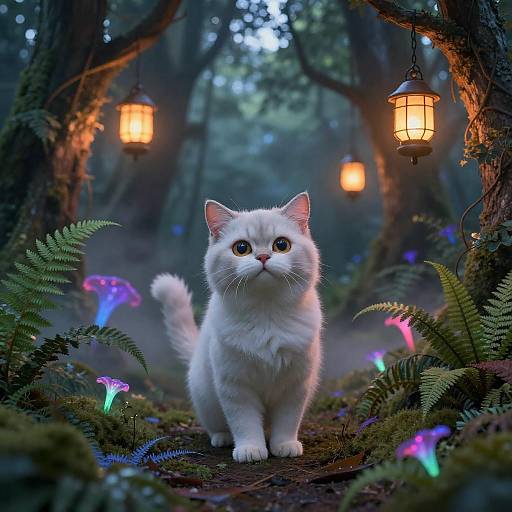Neon Lantern Cat in Bioluminescent Forest