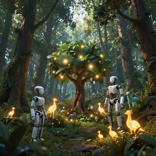 Photograph-style digital art: Two white, humanoid robot figures stand in a mystical forest with glowing fireflies and a fairy-lit tree.