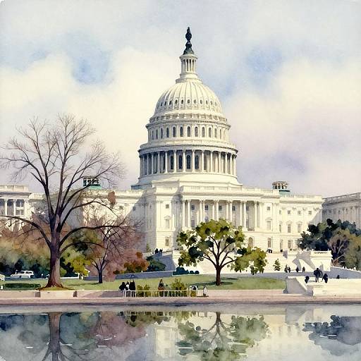 Watercolor-style painting of the U.S. Capitol building with a reflective pond in the foreground, bare trees, and a clear sky.