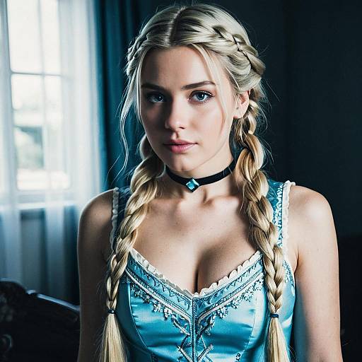Young Woman in Blue Elsa Costume with Braids