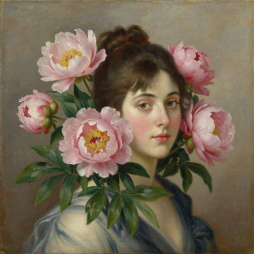 Digital painting of a fair-skinned woman with rosy cheeks, dark brown hair, and pink peonies in her hair, wearing a blue-gray