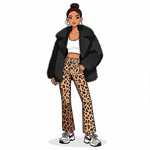 Digital illustration of a confident woman with dark skin, red lipstick, black fur jacket, white crop top, leopard-print pants, and white sneakers. Her