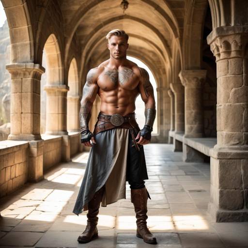 Muscular Blond Warrior in Ancient Hall