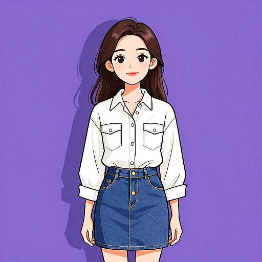 Digital anime-style drawing of a young woman with long brown hair, white button-up shirt, and blue denim skirt, standing against a solid purple background.