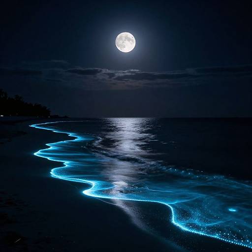 Photograph of a dark night beach with a bright full moon, illuminated blue wave trails along the shoreline, reflecting on the water.