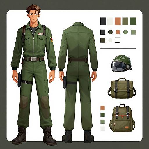 Digital character reference sheet of a muscular male soldier in green uniform, black boots, holding a gun, with front and back views, helmet, backpack,
