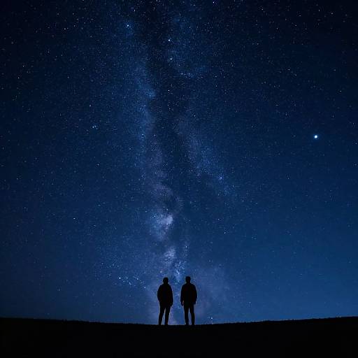Silhouetted couple stands on dark hill, gazing at star-filled night sky with visible Milky Way. Photograph in deep blue tones.