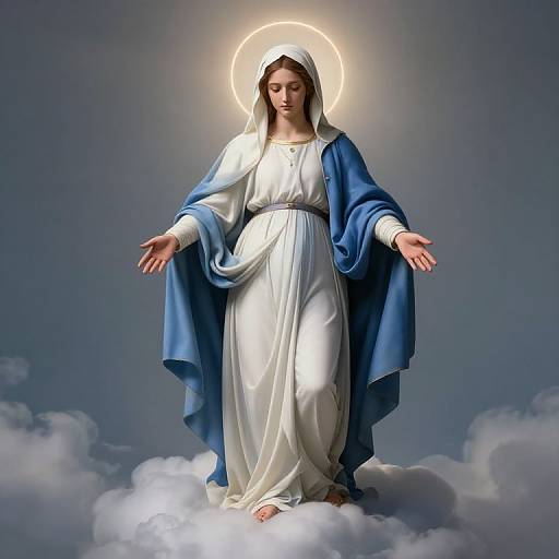 Photograph-style digital art of a serene Madonna with light brown skin, wearing a white robe and blue cloak, halo glowing, standing on clouds, arms