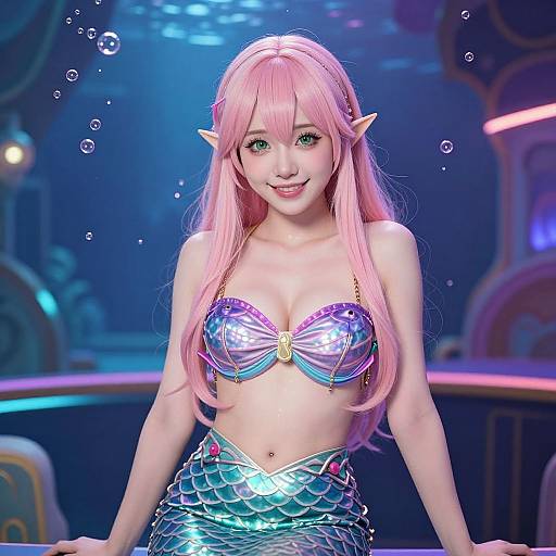 Digital CGI of a cute, pink-haired mermaid with elf ears, wearing a shiny, purple and silver top and scale tail, smiling underwater with bubbles