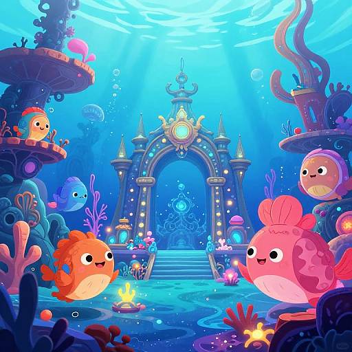 Whimsical underwater scene: colorful fish, cute expressions, glowing archway, and vibrant corals. Bright blue water, sunlight rays, and bubbles