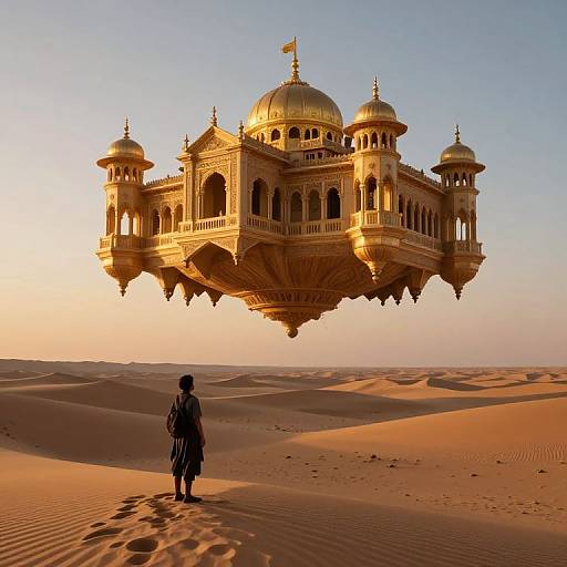 Photograph of a solitary figure in traditional clothing standing before a golden, ornate, floating palace in a desert at sunset.