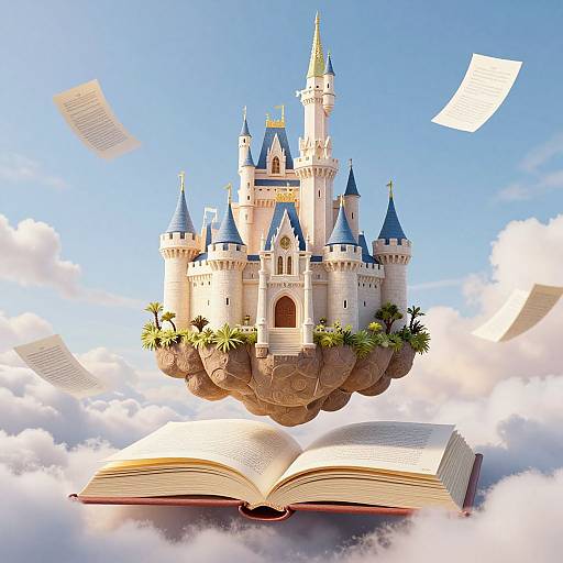 Digital illustration of a floating, whimsical castle with blue and white towers, surrounded by palm trees, above an open book with flying papers against a bright