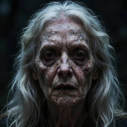 Photorealistic digital portrait of an old, wrinkled man with long, white, wild hair, dark, blood-streaked face, and intense