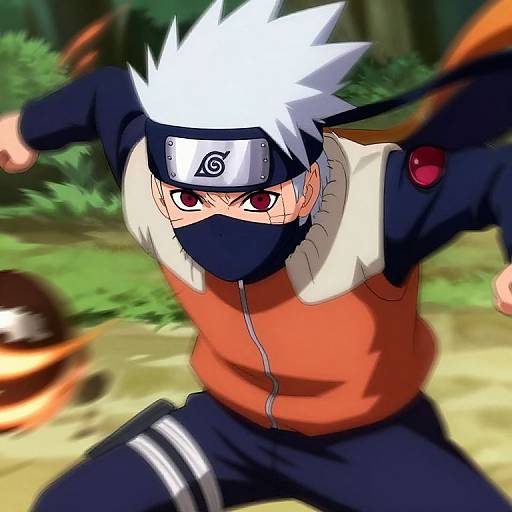 Anime-style digital drawing of Naruto Uzumaki, white spiky hair, black mask, orange vest, black pants, forest background, dynamic action pose