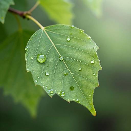 Close-up photograph of a green leaf with water droplets, sharp veins, and a blurred green background, highlighting the leaf's texture and detail.