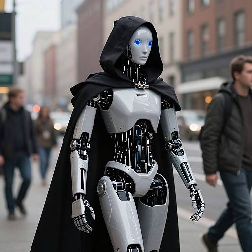 Photograph of a sleek, silver humanoid robot with blue eyes, wearing a black hooded cloak, standing on an urban street with blurred pedestrians and buildings