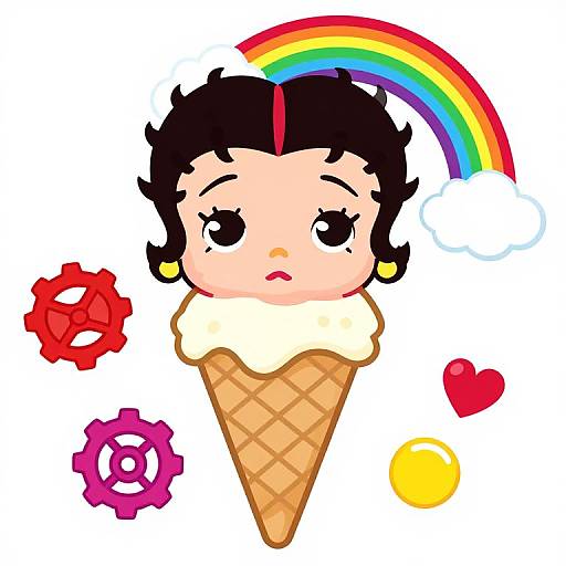 Cartoon-style drawing of a sad-faced girl with black hair, yellow earrings, in an ice cream cone, rainbow above, colorful gears and heart around