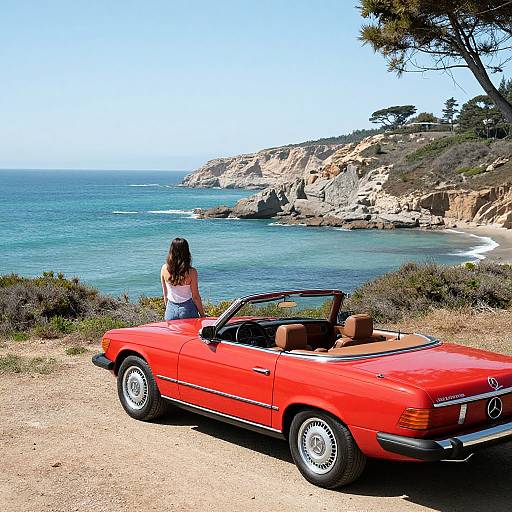 Photograph of a red vintage convertible with a woman in a white top and denim skirt, overlooking a blue ocean and rocky coastline from a grassy,