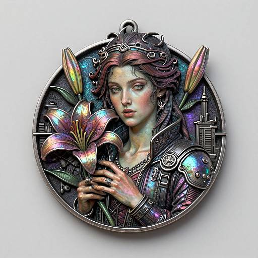 Digital painting of a fair-skinned woman with flowing red hair, holding a vibrant, iridescent lily, wearing futuristic armor, set in a