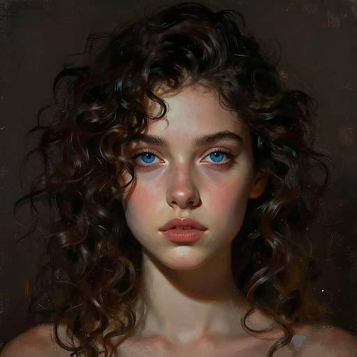 Digital portrait of a young woman with striking blue eyes, curly dark brown hair, and soft pink lips, set against a dark background. Realistic,