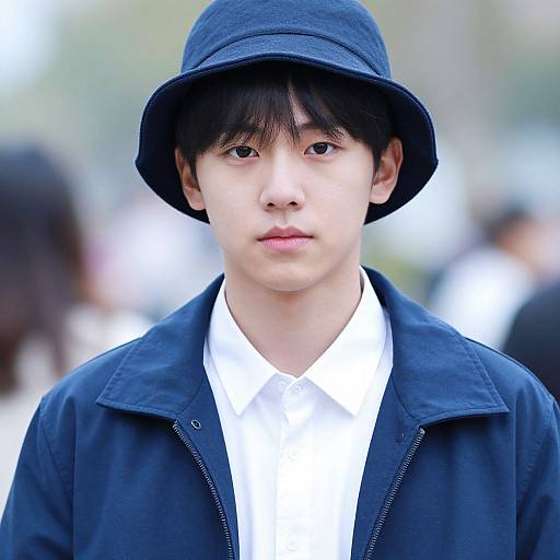 Photograph of a young Asian male with fair skin, black hat, black jacket, white shirt, and neutral expression, blurred background.