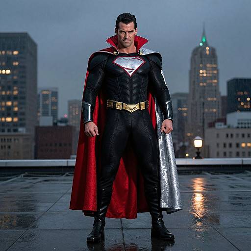 Photograph of a muscular man in a black and red Superman suit with a silver cape, standing on a rainy rooftop, cityscape with skyscrapers