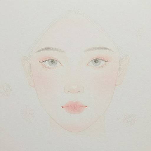 Minimalist digital drawing of a pale-skinned woman with blue eyes, pink blush, and light pink lips, set against a white background.