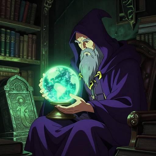 Mystical wizard with long white beard and blue hooded robe holds glowing green orb in dimly lit, book-filled library. Digital art.