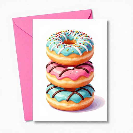 Colorful digital illustration of three stacked donuts with pink, blue, and pink icing, sprinkled with rainbow sprinkles, on white card with pink