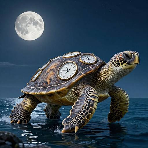 Colossal Clock Turtle on Moonlit Ocean