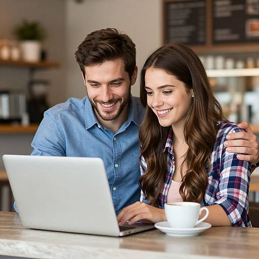 Photograph of a smiling couple, man with beard in blue shirt, woman with long brown hair in plaid shirt, sitting at café table with laptop
