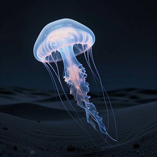 Glowing blue jellyfish with translucent, flowing tentacles and a bell-shaped body, illuminated against a dark, starless ocean background.