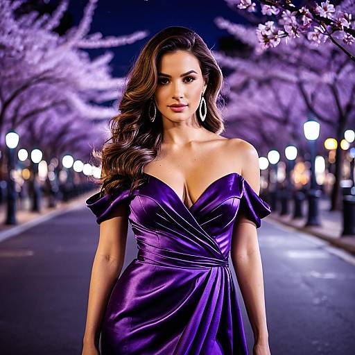 Elegant Woman in Purple Satin Evening Gown at Night