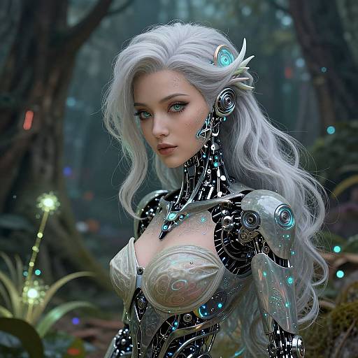 Digital fantasy artwork of a white-haired, blue-eyed cybernetic woman with glowing blue accents, intricate armor, and forest background. Her eyes and hair