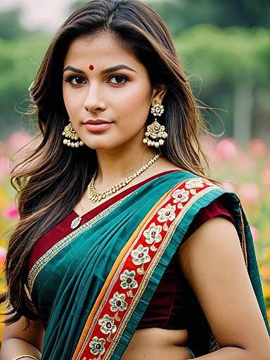 Photograph of a beautiful Indian woman with long dark hair, wearing a green saree with red and gold embroidery, gold jewelry, and a red bind