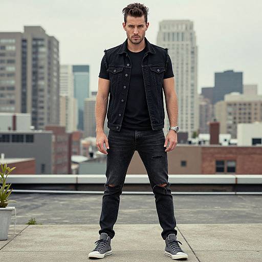 Photograph of a muscular, bearded man in black denim vest, shirt, and ripped jeans, standing on rooftop with urban cityscape background.