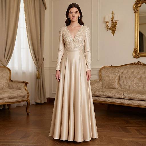 Photograph of a woman with dark hair wearing an ivory, long-sleeved, V-neck, lace-embellished satin gown, standing in