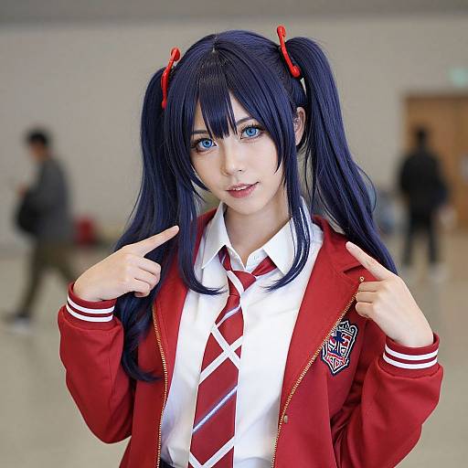 Photograph of an anime-style cosplayer with long blue pigtails, red hair clips, blue eyes, wearing a red school uniform with a white