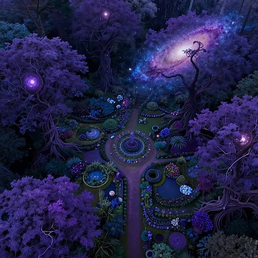 Aerial photograph of a mystical, neon-lit garden at night, featuring glowing flowers, circular patterns, and ethereal blue and purple hues, surrounded