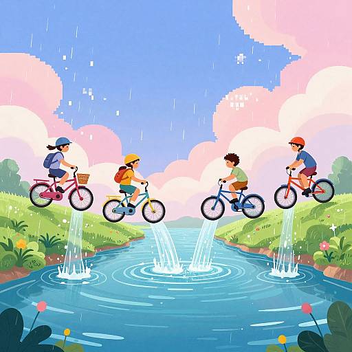 Colorful digital illustration of four children biking over a small stream, splashing water, under a bright blue sky with pink clouds.