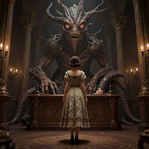 Photograph-style digital artwork: A young woman in a vintage lace dress faces a massive, menacing, tentacled demon with glowing red eyes in a