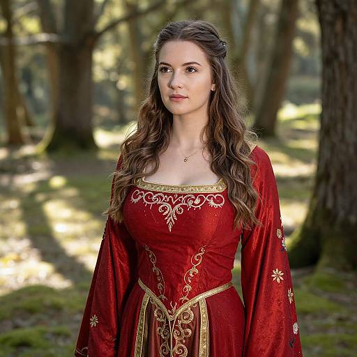 Photograph of a young woman with long, wavy brown hair, wearing a red, ornately embroidered medieval-style dress, standing in a sunlit