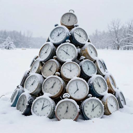 Photograph of a pyramid of 21 snow-covered clocks with white faces and black hands, set in a snowy outdoor landscape.