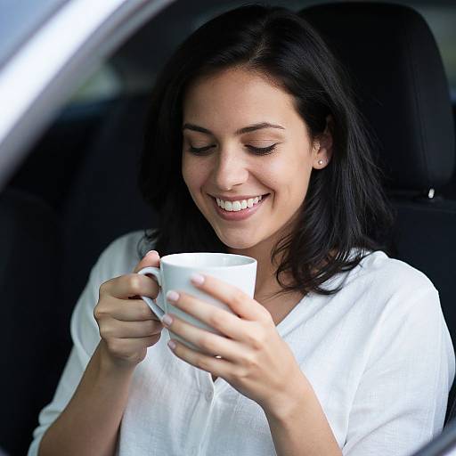 Smiling Woman Holding Cup in Car