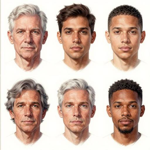 Digital portrait collage of six diverse men with varying hair colors and styles, including white, brown, black, and gray, against a white background.