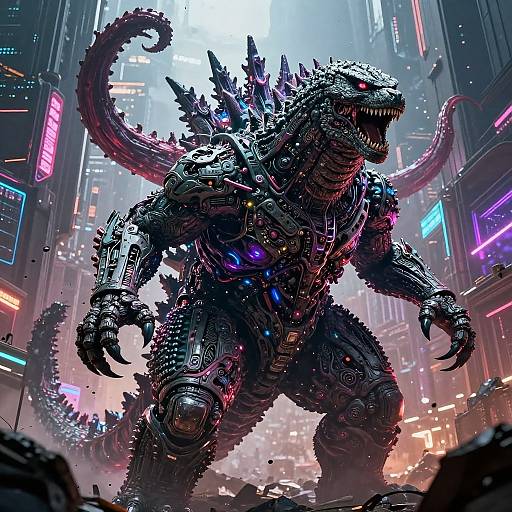 Digital artwork of a cybernetic Godzilla roaring in a neon-lit, futuristic city street, with glowing signs and broken debris.
