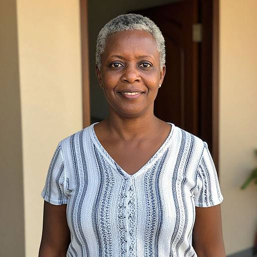 Photograph of smiling African woman with short gray hair, wearing white lace-patterned V-neck shirt, standing in front of beige building.