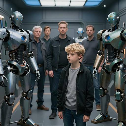 Young Boy Amidst Industrial Robots